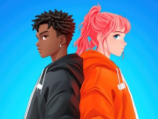 Two young people back to back