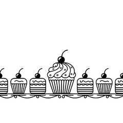 Minimalist Line Art Cupcake Border with Cherries and Decorations