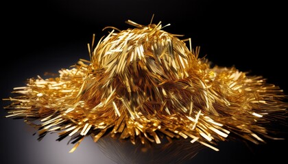 Round pile of gold tinsel on black background