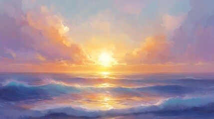 Fototapeta premium Painted seascape reflecting the golden hour's ethereal radiance