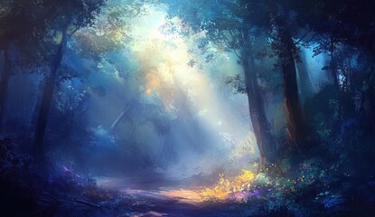 Fototapeta premium Mystical forest path, bathed in ethereal light, leading through dense trees and wildflowers