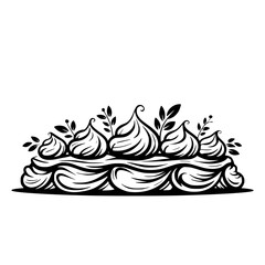 Elegant Vector Cake Illustration with Swirls & Foliage, B&W