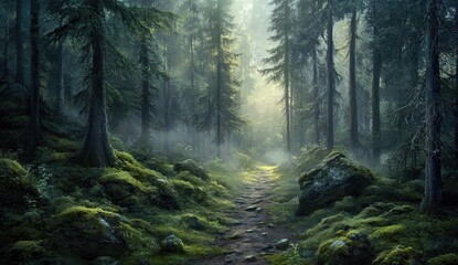 Obraz premium Mystical forest path, sunlit, mossy rocks, fog