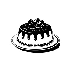 Elegant Black & White Cake Icon on Plate, Decorative Vector Illustration