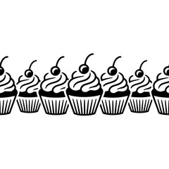 Line of Black and White Cupcakes with Cherries, Vector Illustration