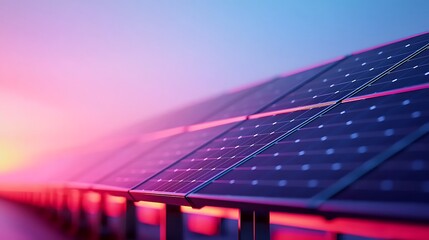 Close Up of Solar Panel Farm at Sunset