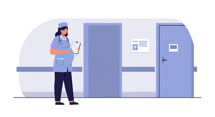 Pregnant healthcare worker holding clipboard in hospital corridor