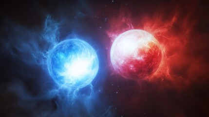 Obraz premium Cosmic collision, Binary star system with vibrant spectral emissions