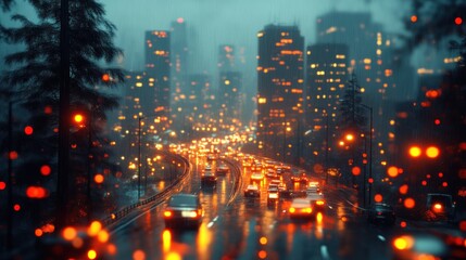 Fototapeta premium Rainy Night Cityscape with Illuminated Streets and Traffic Lights