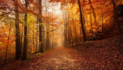 Obraz premium Autumn fall forest with pathway