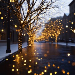 Street trees adorned with lights at night