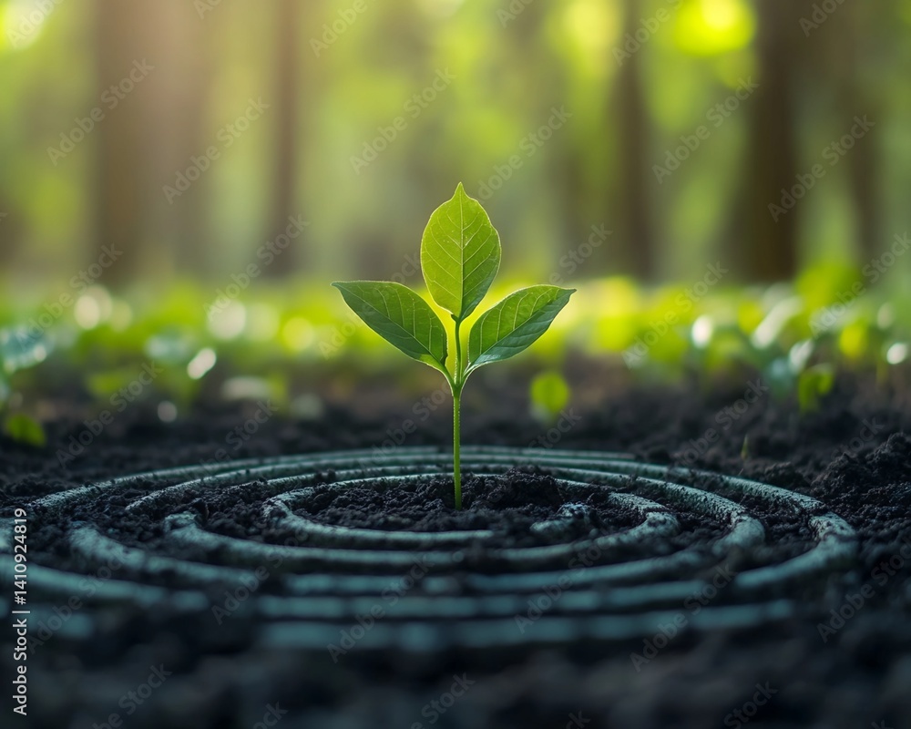 Aufkleber seedling in concentric circular soil pattern