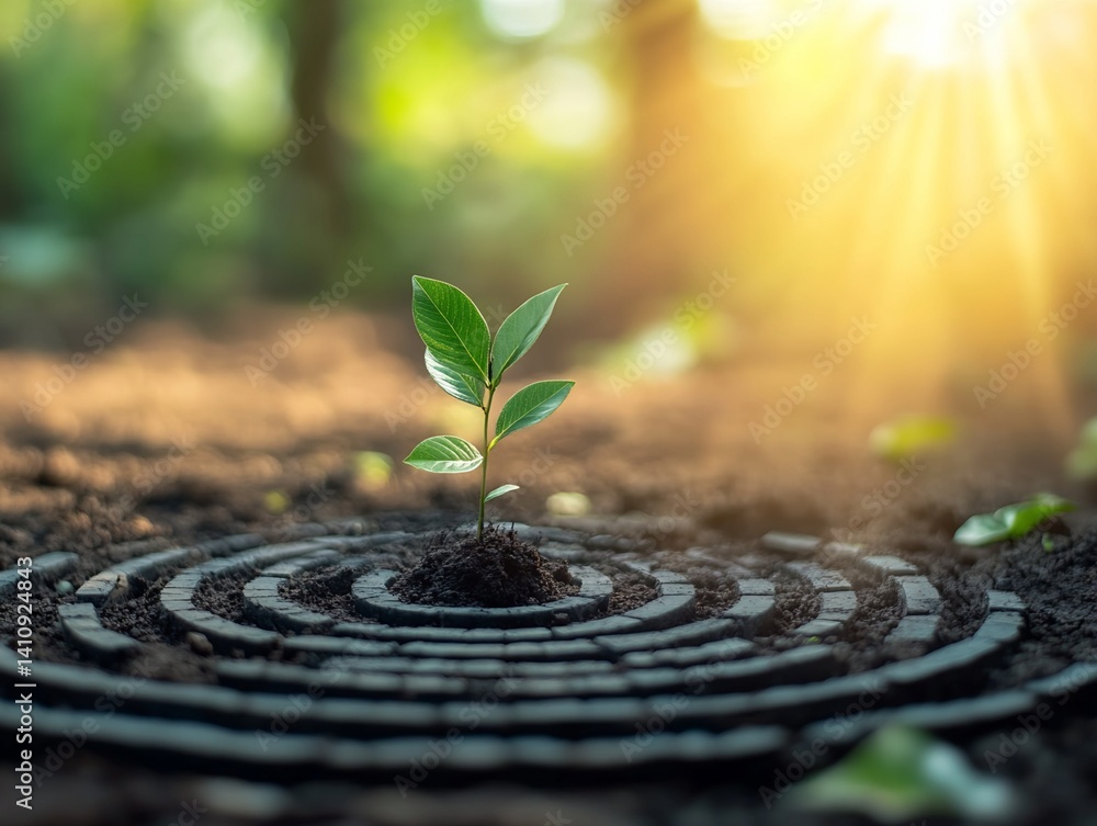 Poster seedling in concentric stone circle in soil