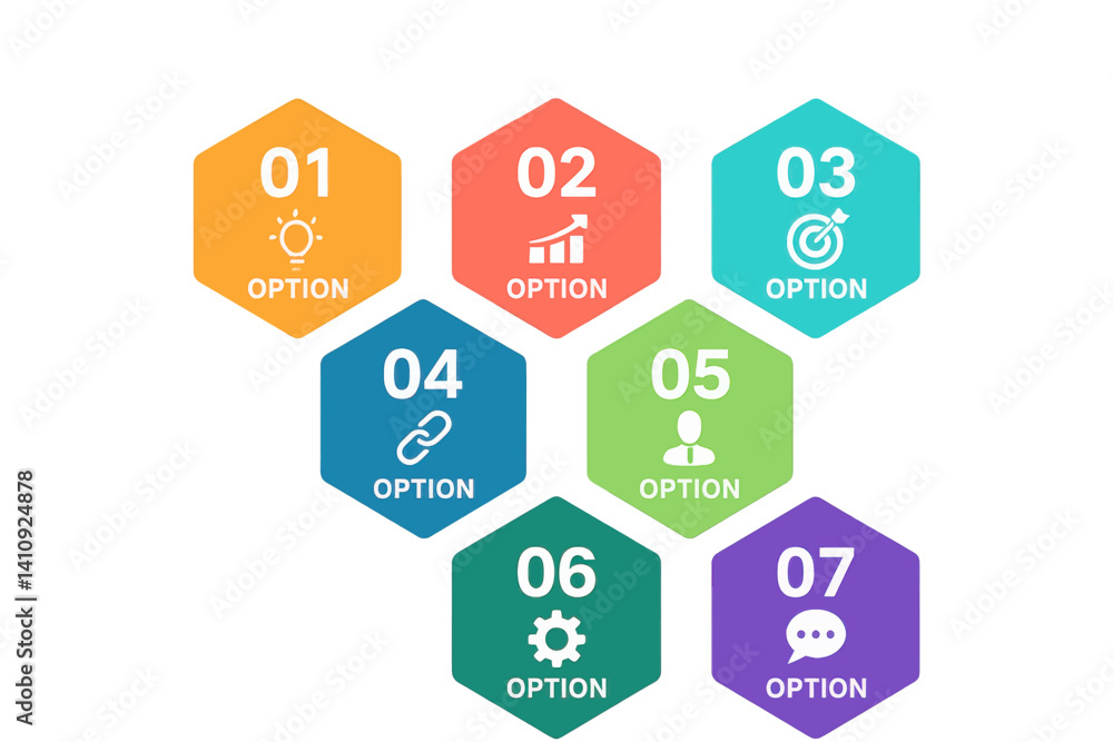 Poster infographic template for business featuring 7 options, presented in a group of seven hexagonal frame