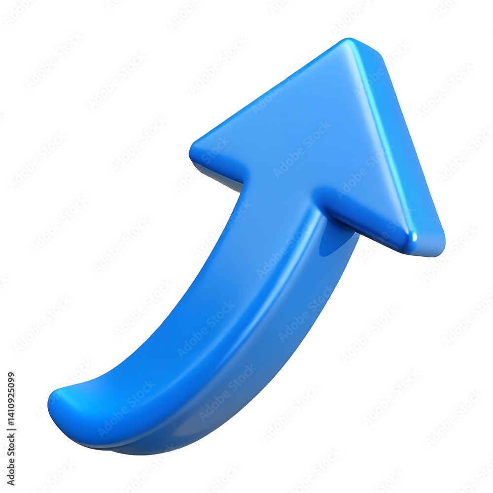 Poster a glossy blue arrow curving upwards and to the right on a white background in a three d rendering