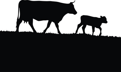 Cow & Calf Silhouette: Generational Bond on a Grassy Hill