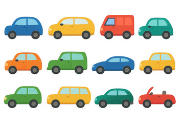 A variety of cars in diverse colors and shapes, illustrated in a flat style, are set against a white background, suitable for children