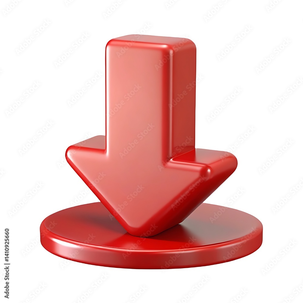 Poster a glossy red arrow pointing downwards towards a red circular base on a plain white background scene