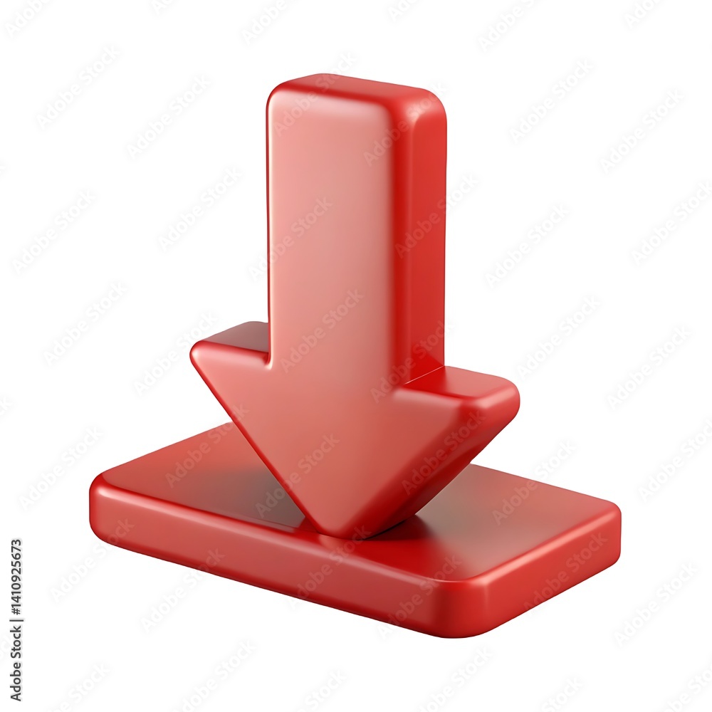 Poster a digitally rendered red download arrow pointing downwards onto a rectangular base on white backgrou