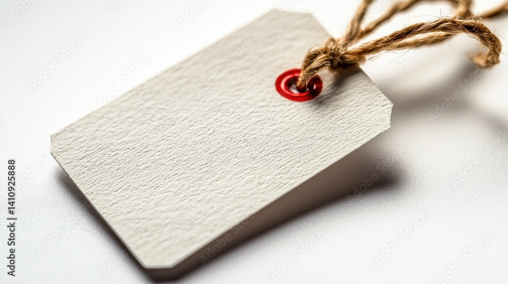 Poster close up of blank tag tied with string on white. ready for your text!