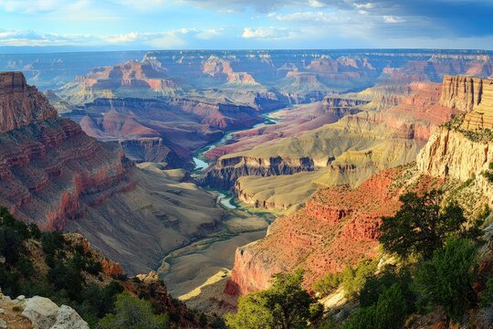 Majestic river carving through a vast, colorful canyon under a dramatic sky - Powered by Adobe