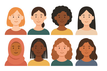 A set of women, avatars, and human heads of diverse ethnicities presented in a minimalist flat design