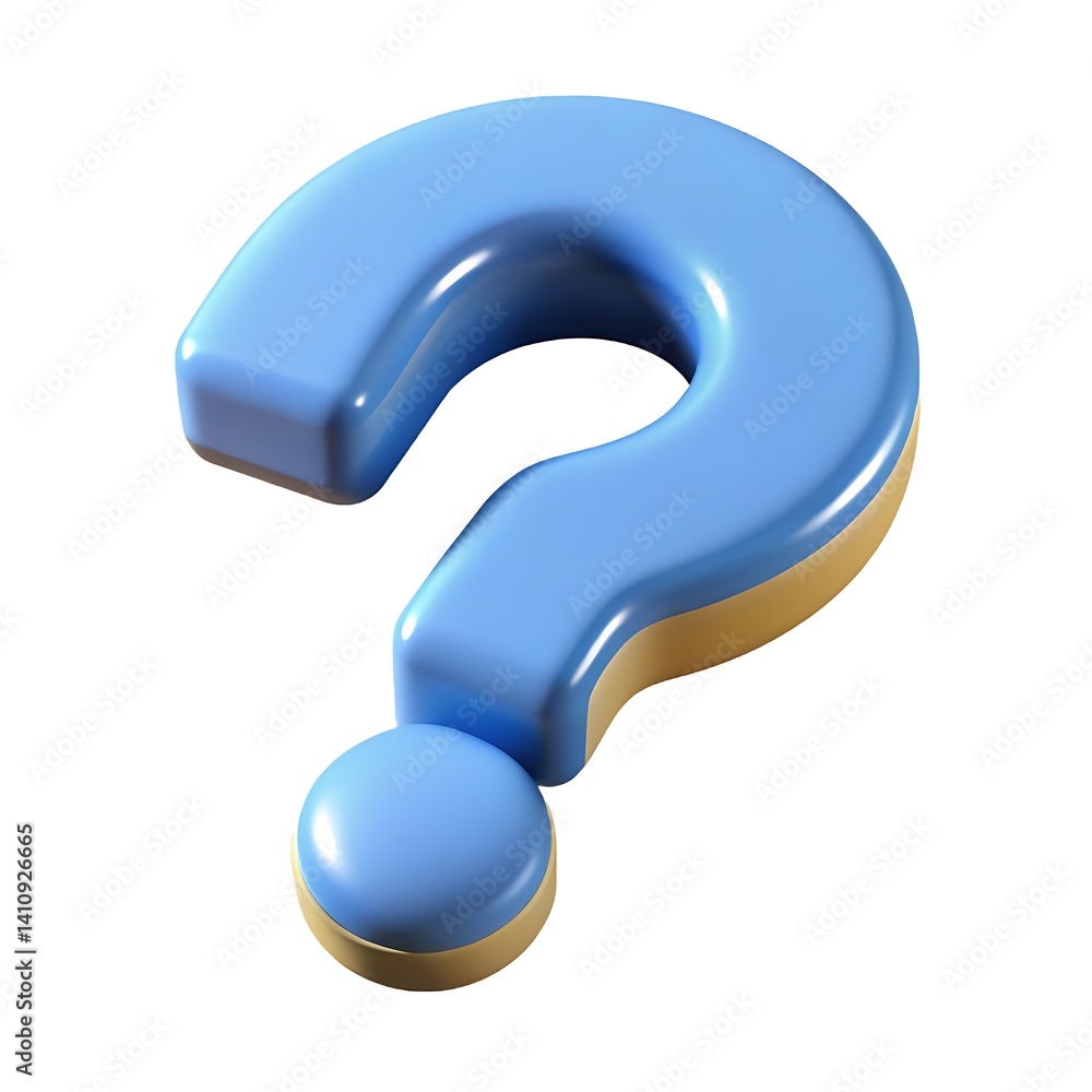 Aufkleber a light blue question mark with a gold trim on a white background in a studio shot style rendering