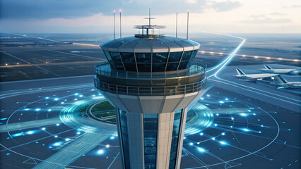 Airport weather radar. A modern control tower overseeing an airport with advanced technology.