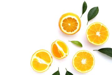 Fresh orange fruit with green leaves, high vitamin c