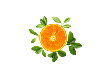 Fresh orange with green leaves on white background.