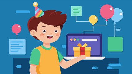 Obraz premium A young boy creates a personalized birthday card for his best friend using visual programming to add interactive elements and animations.. Vector illustration