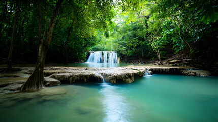 Obraz premium Peaceful Waterfall in Lush Tropical Forest