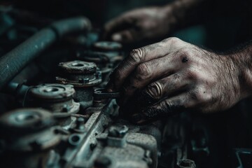 Close-up shot of a mechanic's hands working on a car engine, showing grit and precision.