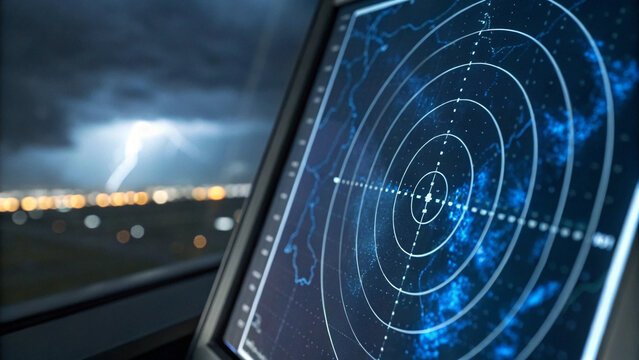 Airport weather radar. Weather radar displaying storm activity during a lightning event.