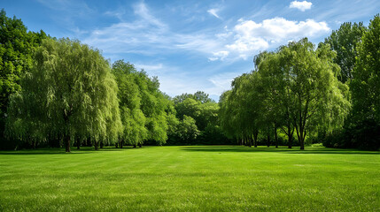 Sunny Park Meadow With Green Trees And Blue Sky