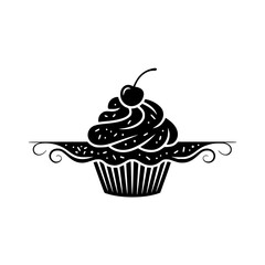 Black & White Cupcake Logo with Cherry and Swirls