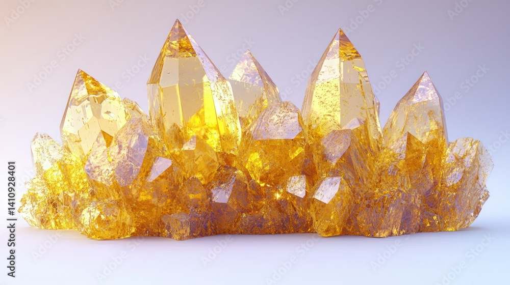 Poster cluster of gleaming golden crystals with sharp, angular edges on a light surface