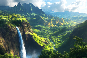 Lush valley with waterfall cascading down steep mountains.