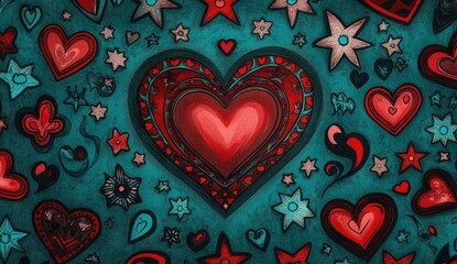 Ornate red heart surrounded by smaller hearts, stars, and flowers on a teal background