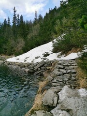 Obraz premium A narrow stone path winds along the snow-covered shoreline of Morskie Oko lake, bordered by evergreens and clear water in Tatra National Park