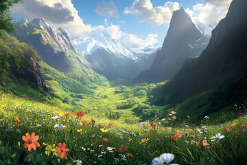 Fototapeta premium Lush alpine valley, carpeted with wildflowers, bathed in sunlight.