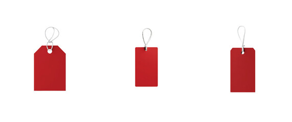 Set of red tags with white strings for pricing and labeling items in retail or gifting