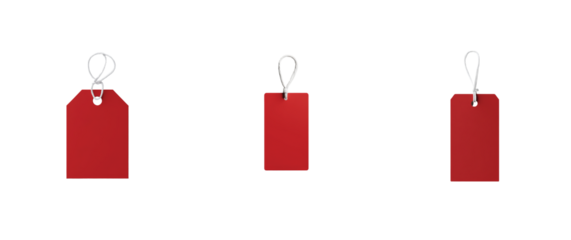 Set of red tags with white strings for pricing and labeling items in retail or gifting