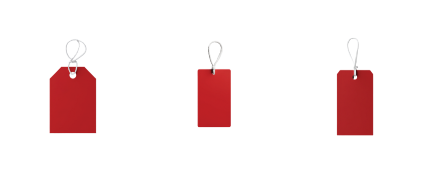 Set of red tags with white strings for pricing and labeling items in retail or gifting