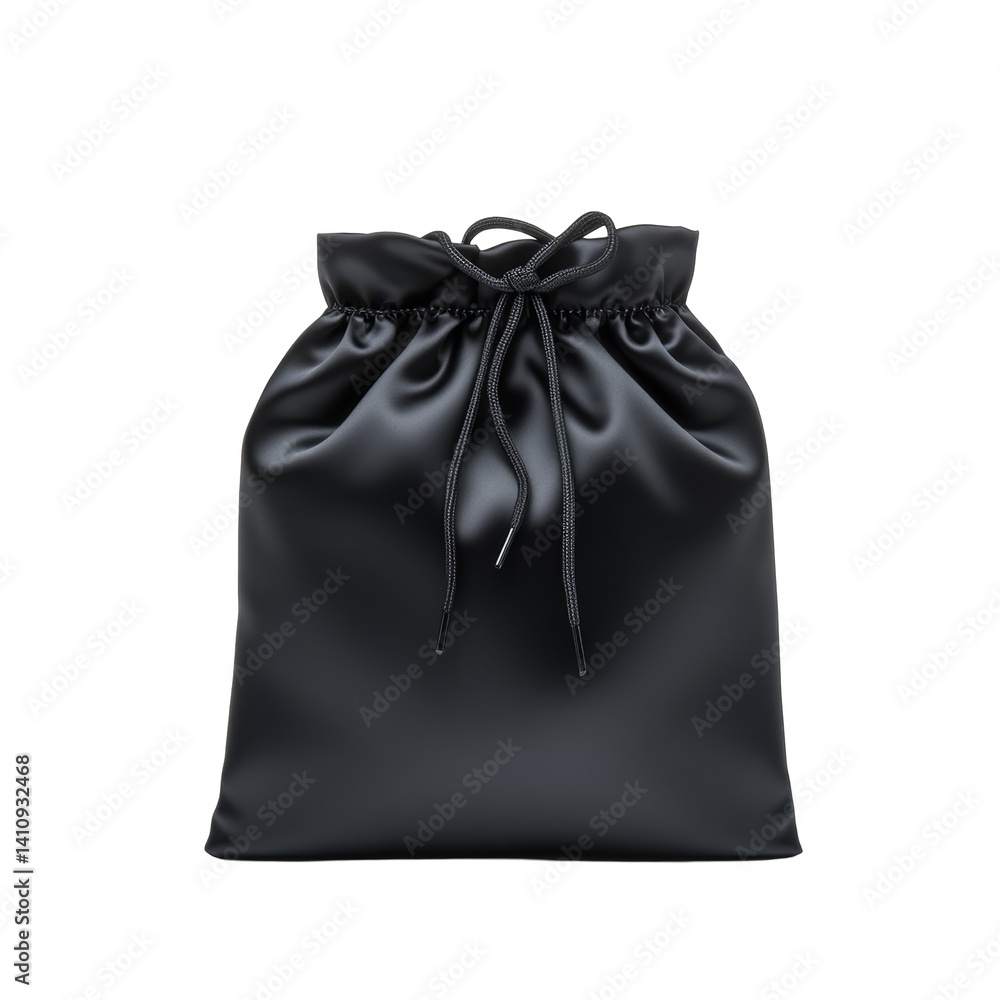 Poster shiny black drawstring pouch with smooth texture for elegant storage and versatile use