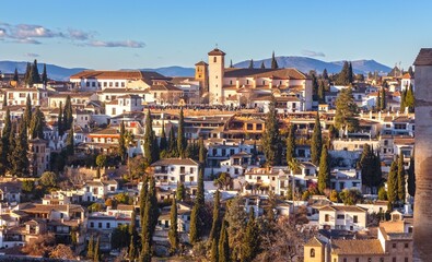 Famous Albaicin San Nicolas Viewpoint Telephoto, Andalusia Landscape, Granada Spain Blue Skyline