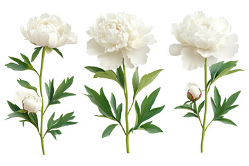 Obraz premium Elegant White Peonies with Green Leaves on Transparent Background