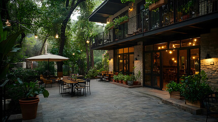 Obraz premium Charming Outdoor Patio Restaurant With Warm Lighting And Plants