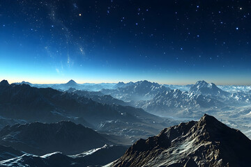 Vast, snow-capped alien mountains under a starlit sky.