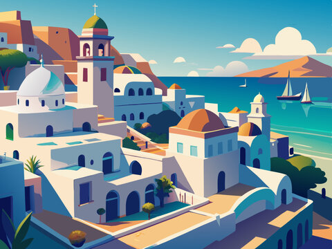 colorful illustration of a beautiful white coastal village of santorini